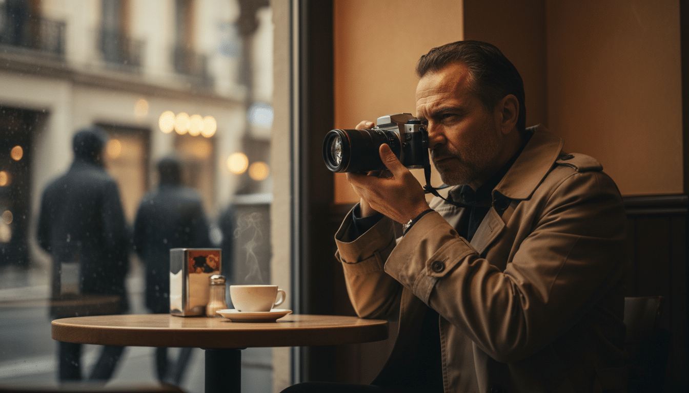 Détective privé photographiant discrètement dans un café