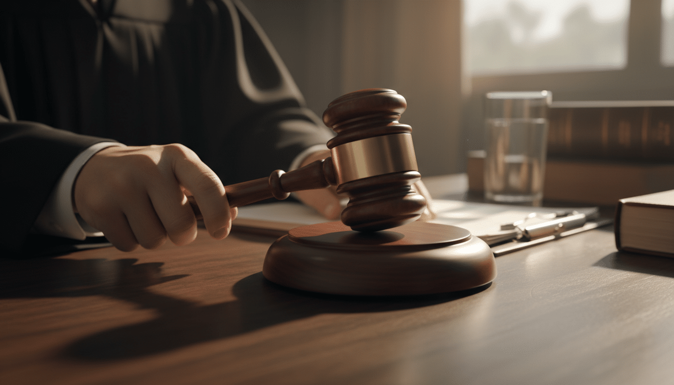 Marteau de juge sur un bureau de tribunal