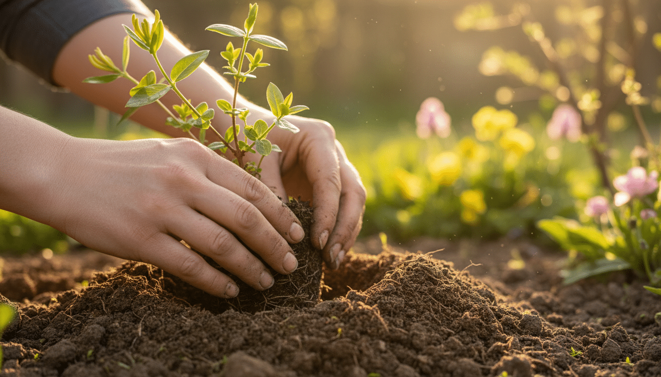 Mains plantant un jeune chèvrefeuille grimpant au jardin