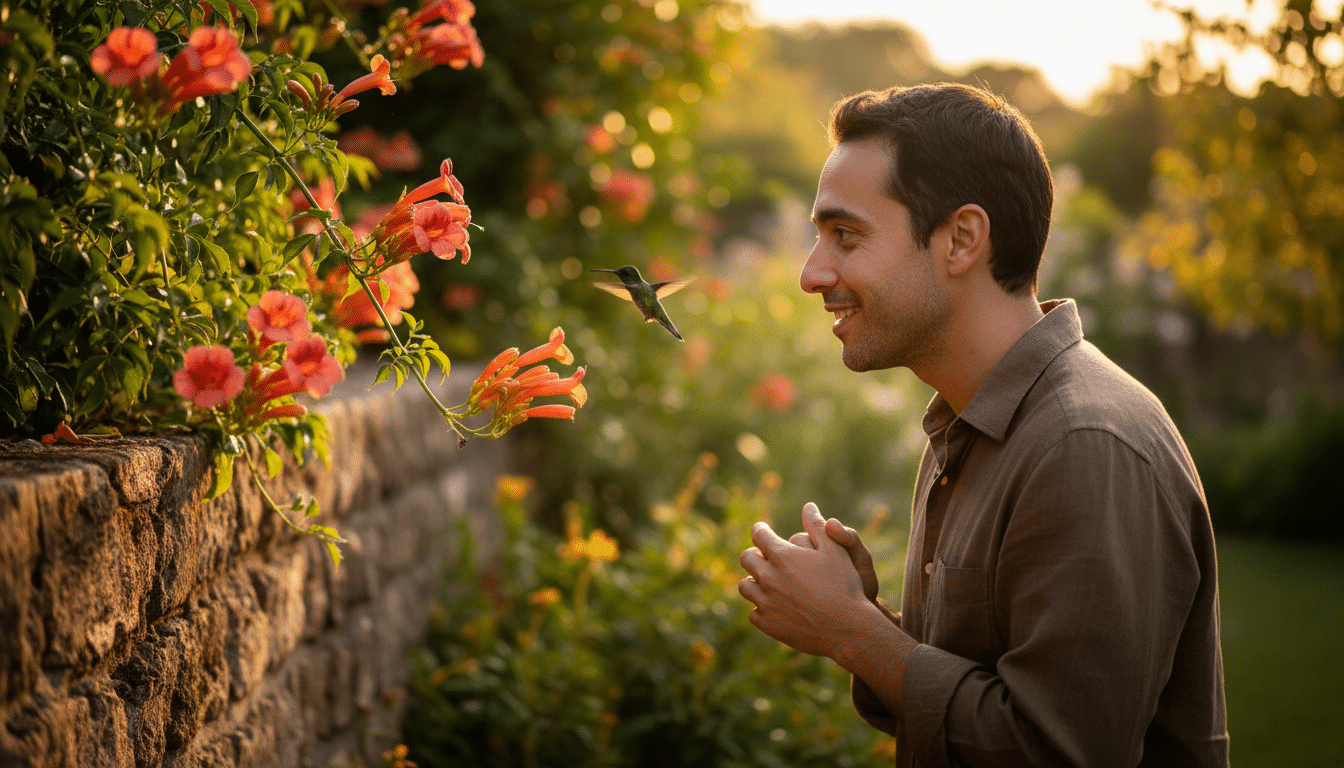 Homme observant un colibri sur des fleurs tubulaires orangées