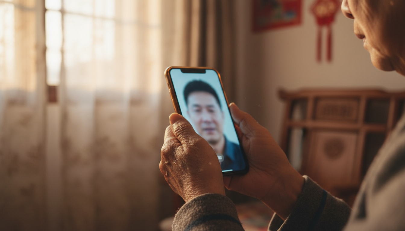 Mains d'une personne âgée tenant un téléphone en visio