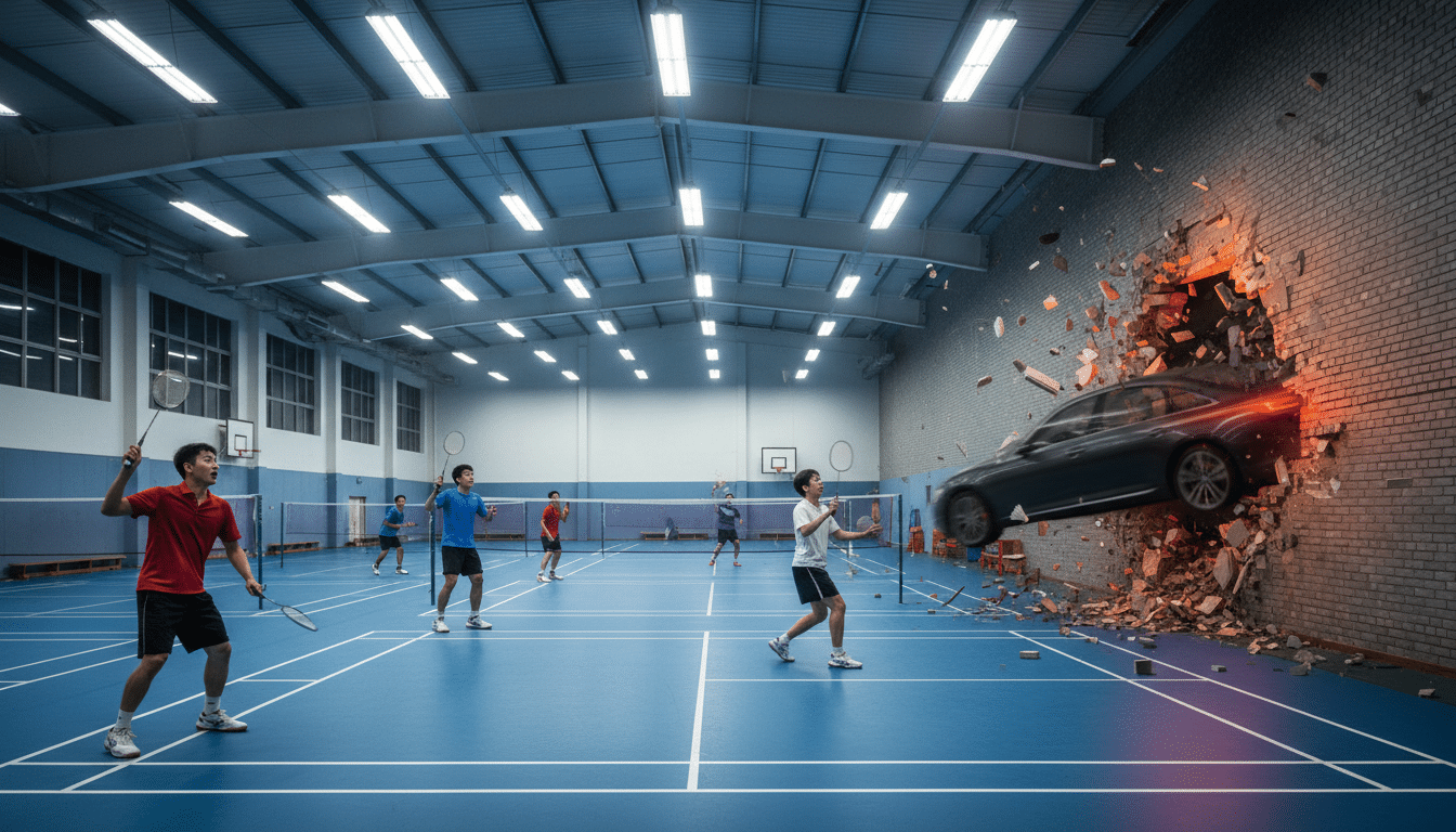 Voiture traversant un gymnase de badminton en Chine