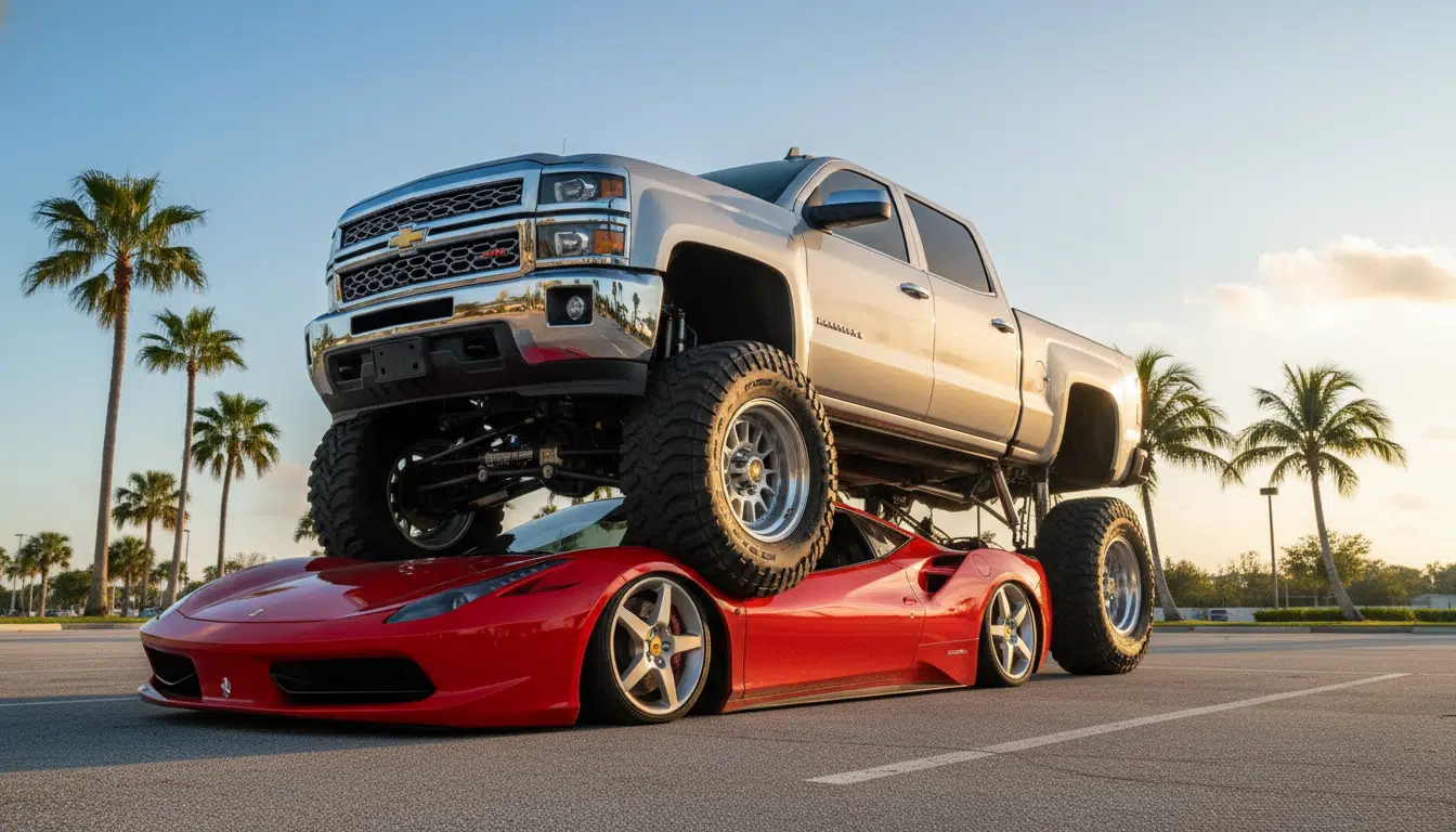 Pickup surélevé perché sur une Lamborghini Huracán écrasée