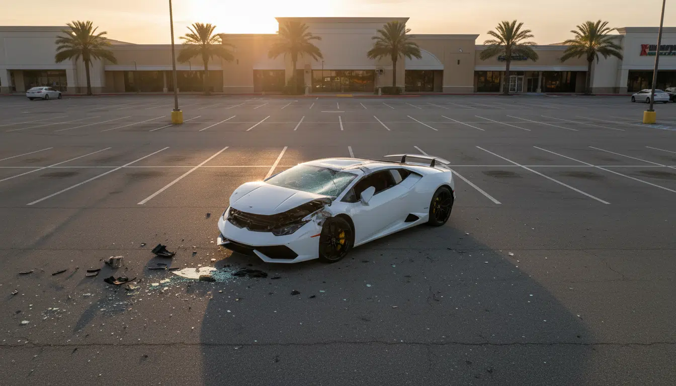 Lamborghini Huracán endommagée après l'accident sur le parking