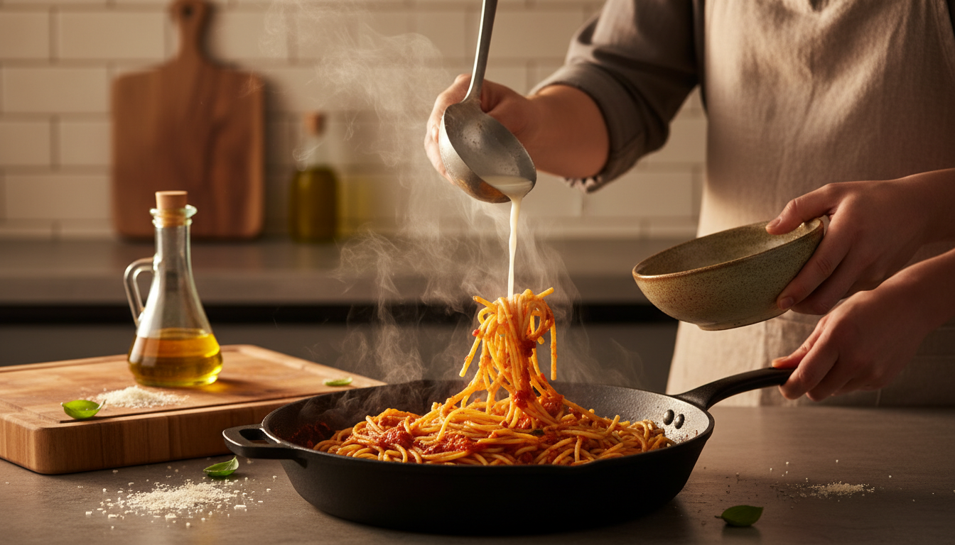 Pâtes sautées dans une poêle avec ajout d'eau de cuisson