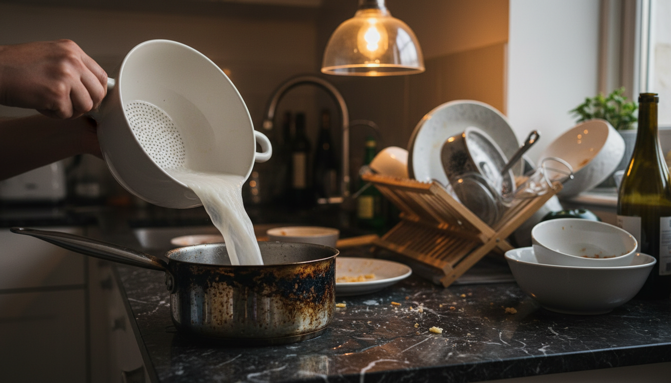 Eau de cuisson versée dans une casserole brûlée pour le nettoyage