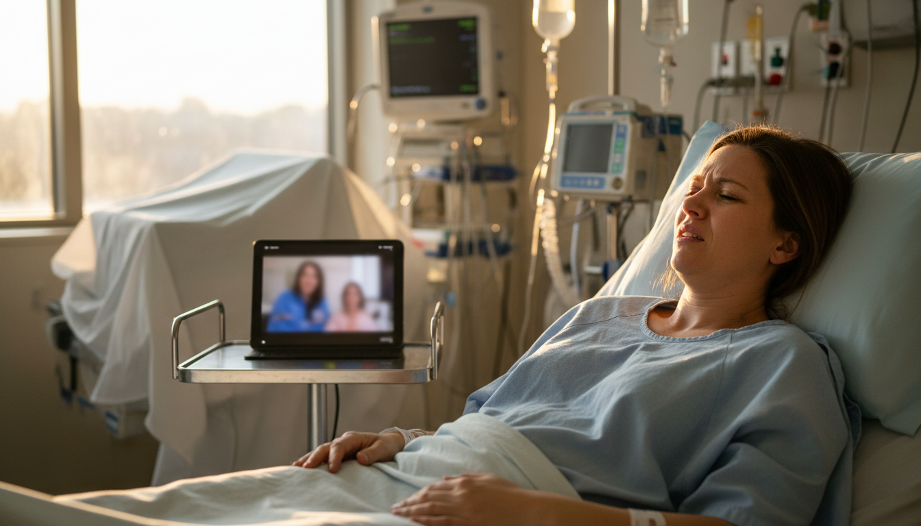 Femme en salle d'accouchement face à une tablette