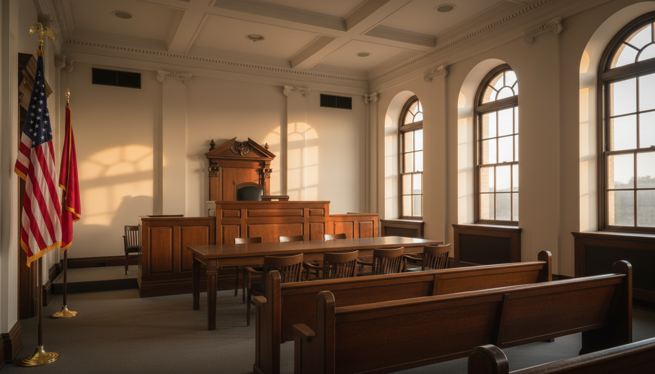 Salle de tribunal américaine vide éclairée par la lumière dorée