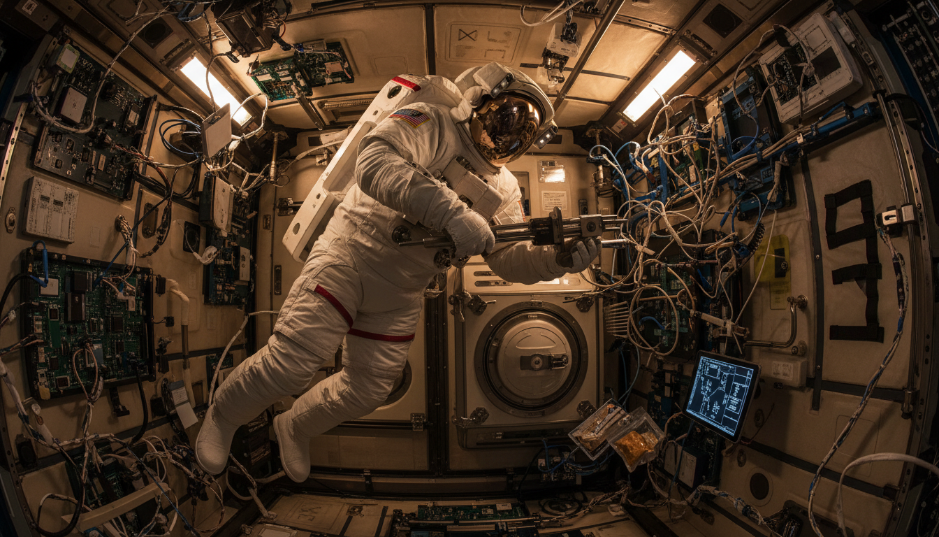 Astronaute réparant un équipement en apesanteur dans la capsule