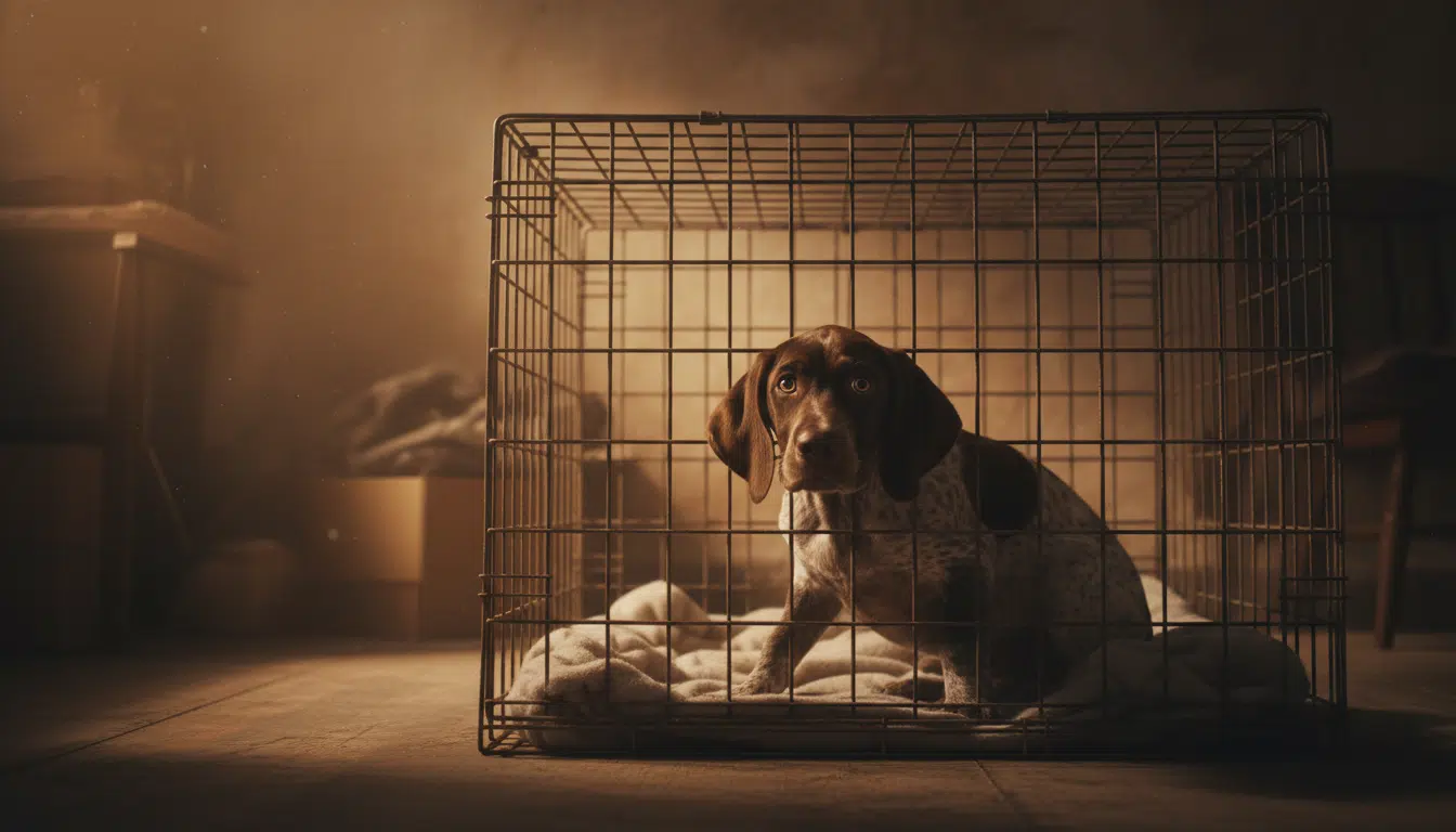 Chien braque allemand anxieux enfermé dans une cage