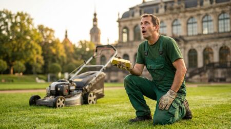 Employé municipal découvrant un lingot d'or dans la pelouse