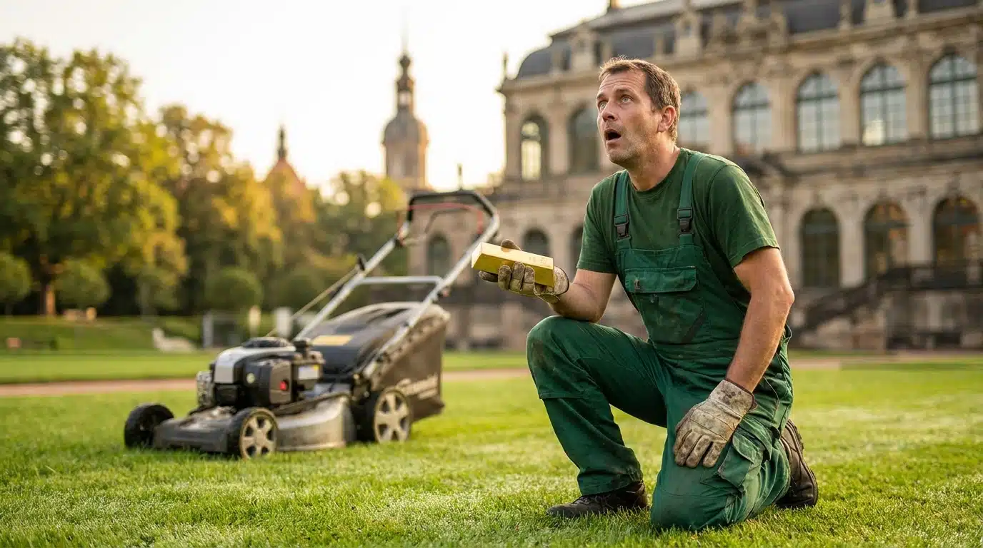 Employé municipal découvrant un lingot d'or dans la pelouse