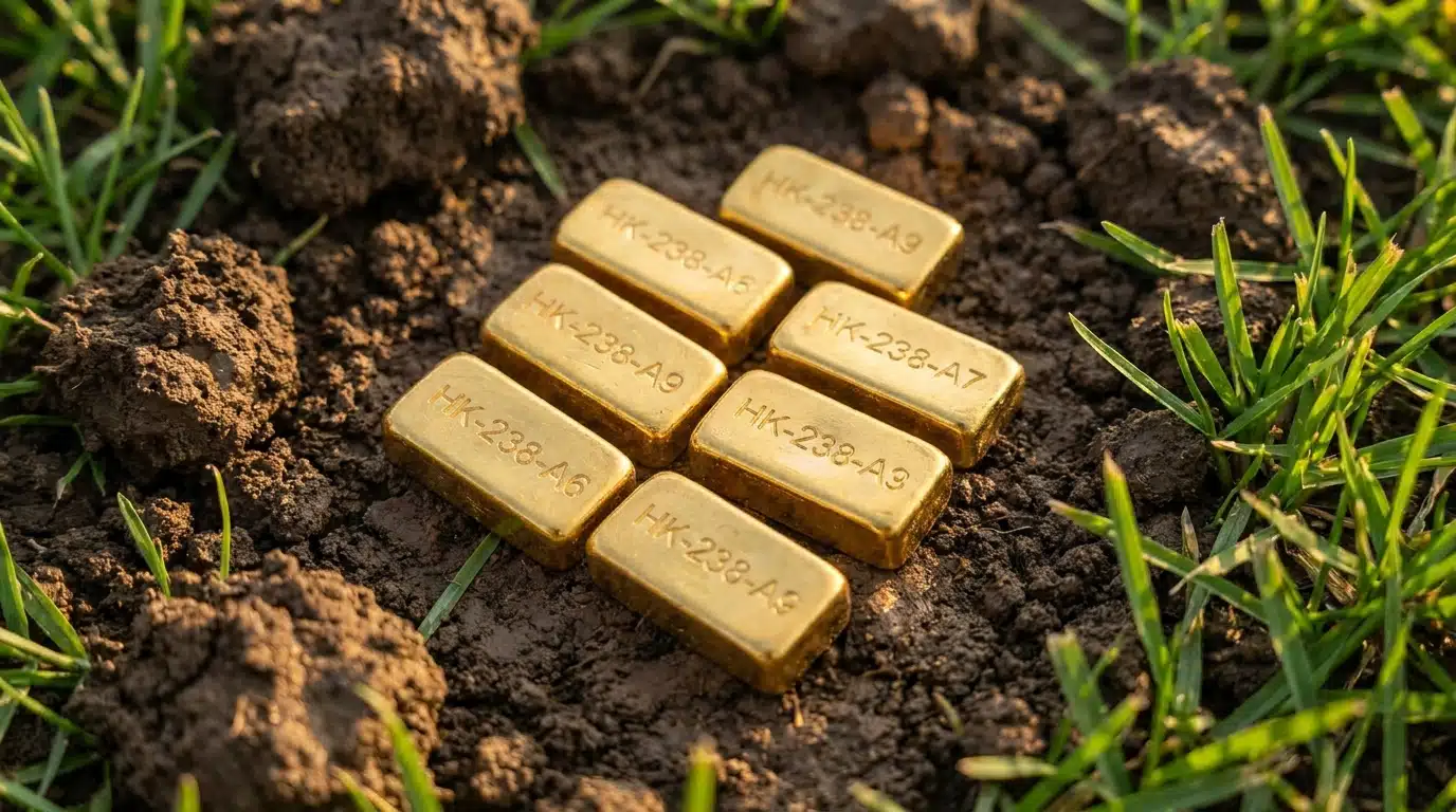 Huit lingots d'or posés sur la terre d'une pelouse