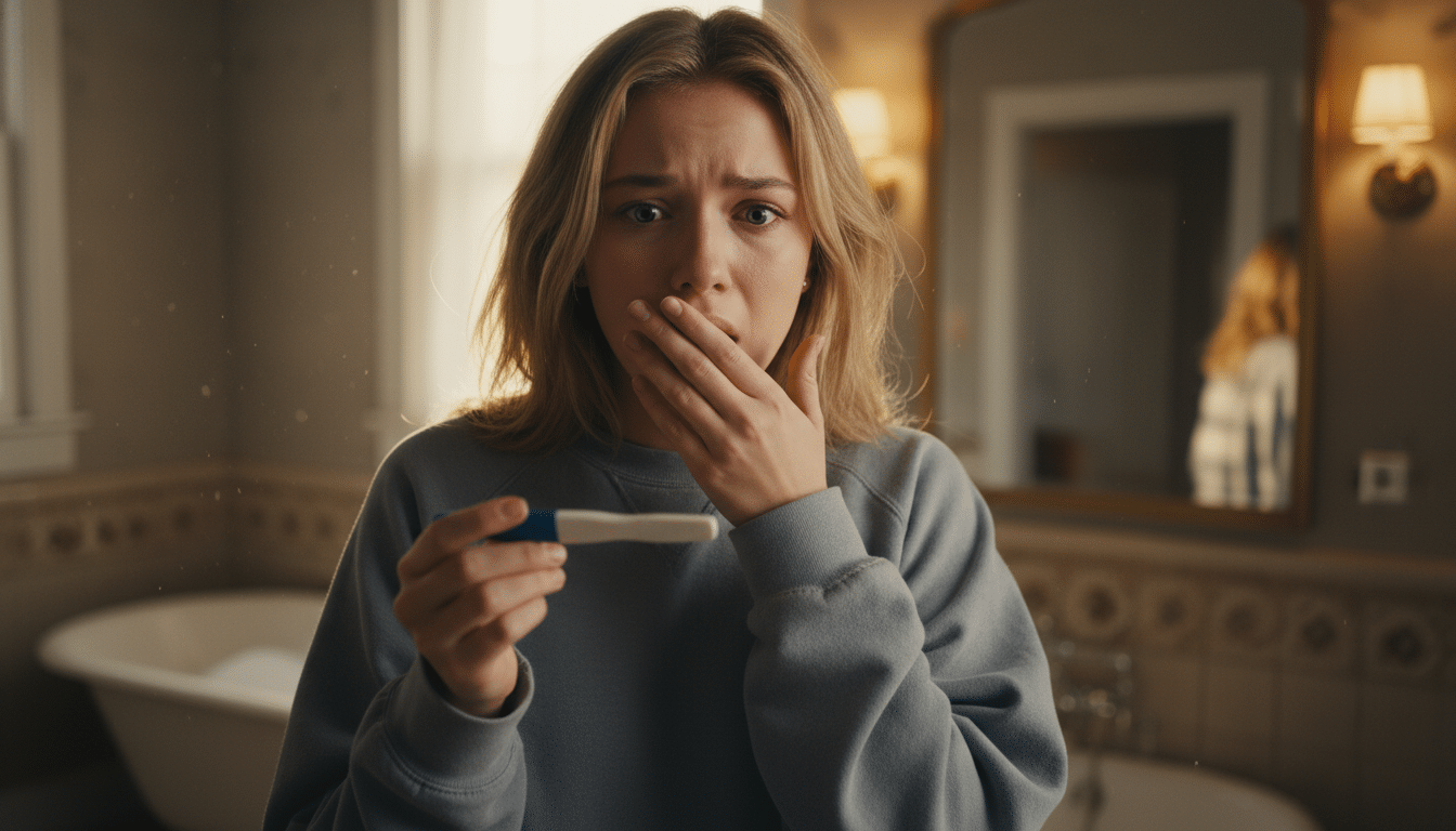 Jeune femme surprise tenant un test de grossesse positif