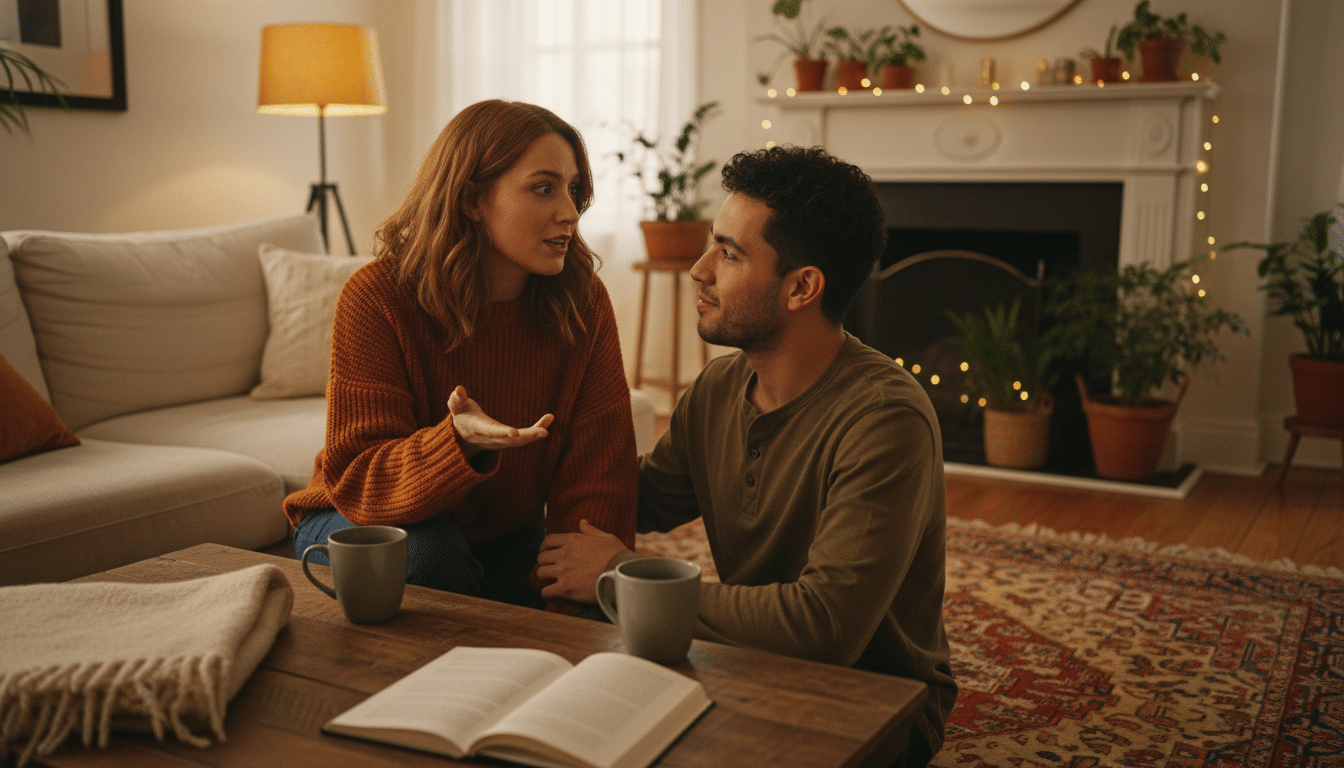 Jeune couple discutant ensemble sur un canapé