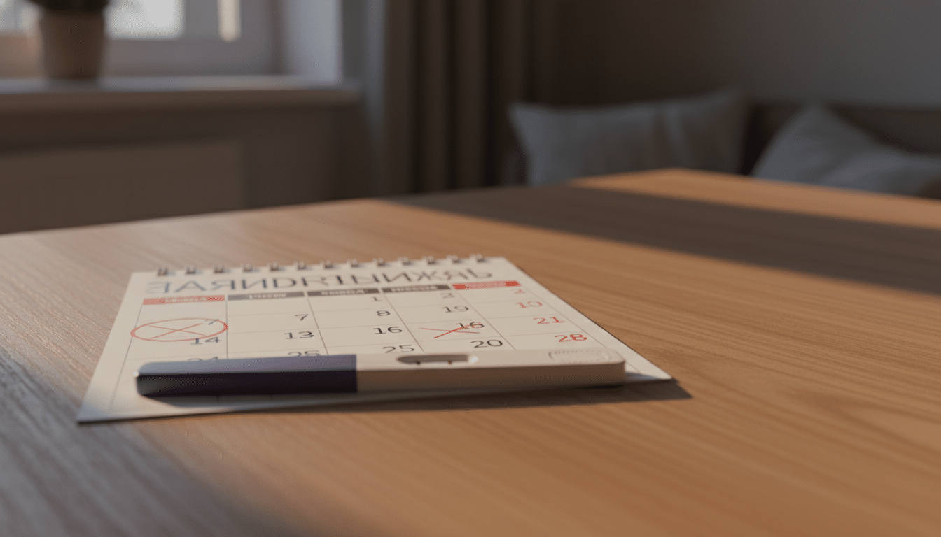 Test de grossesse positif posé à côté d'un calendrier