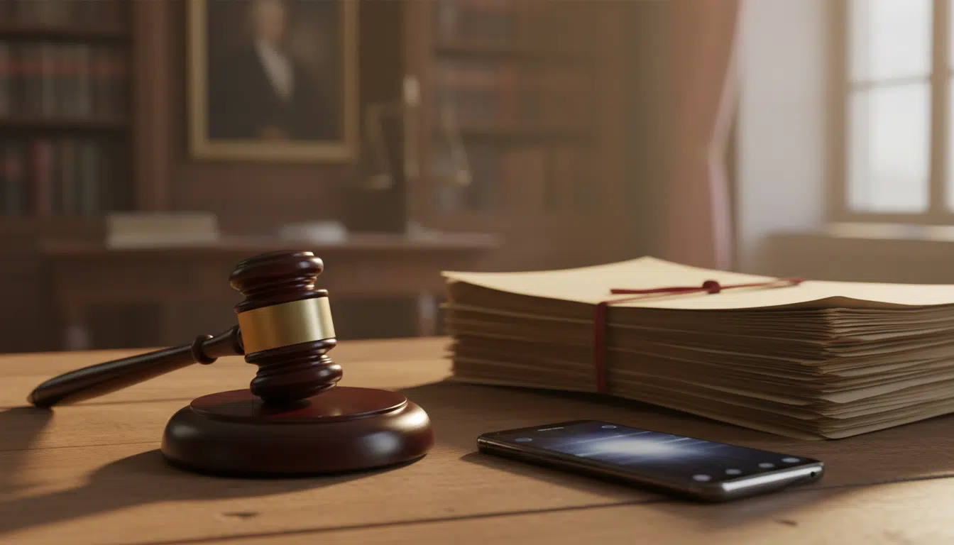 Marteau de justice et documents juridiques sur un bureau