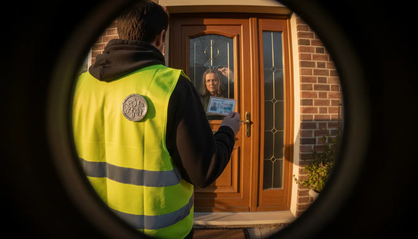 Individu suspect en gilet devant une porte de maison française