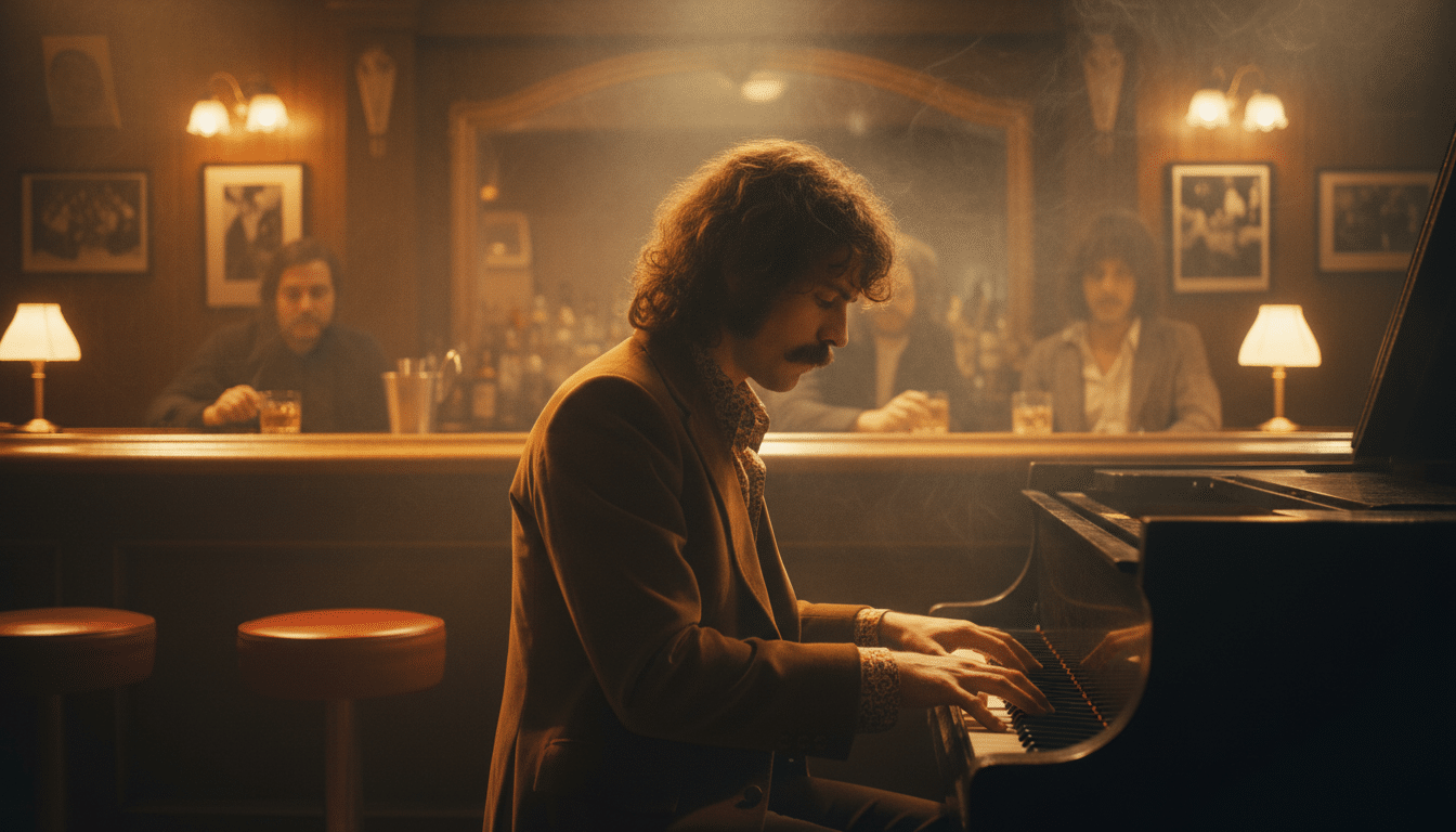 Musicien jouant du piano dans un bar enfumé des années 1970
