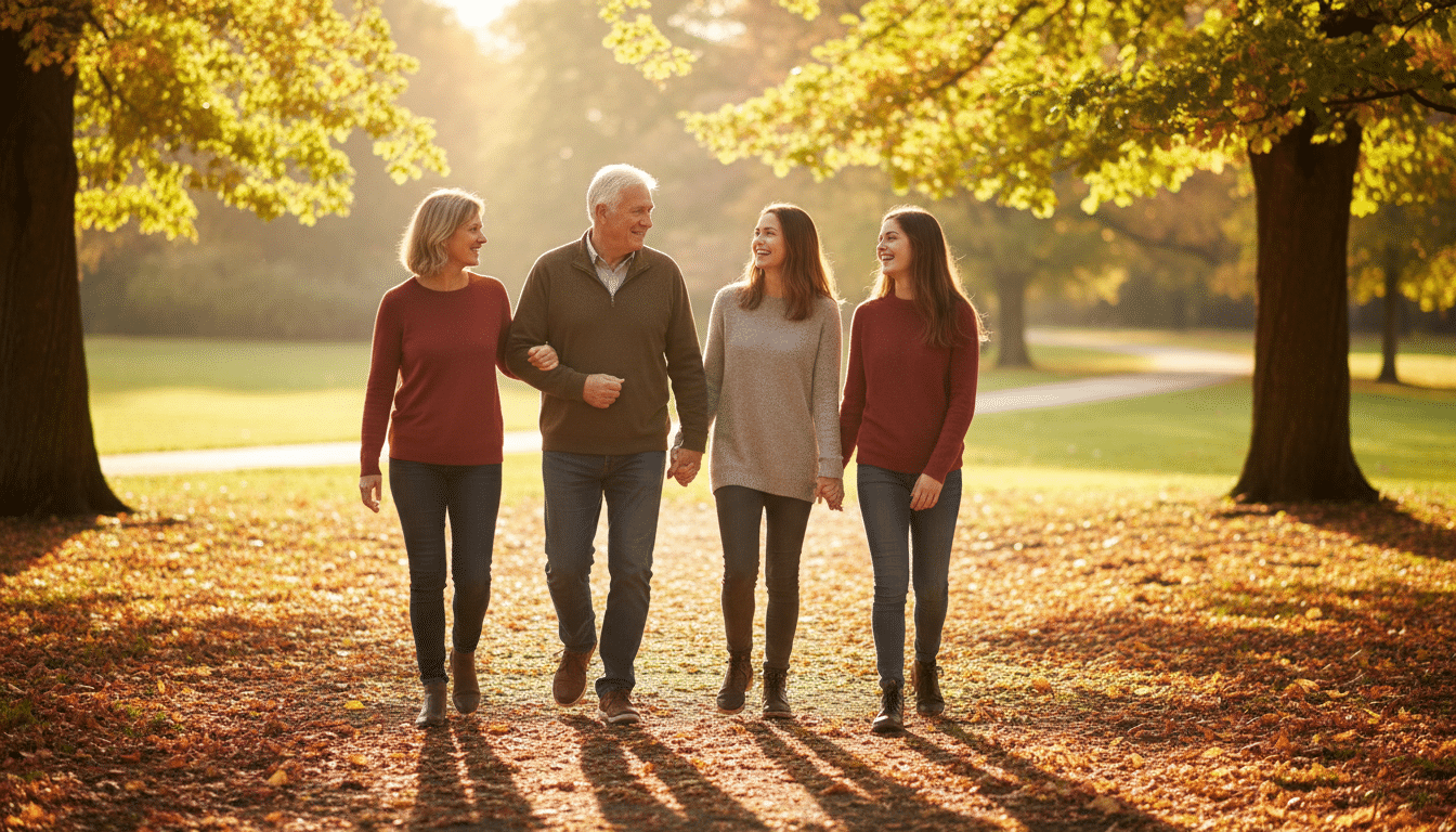 Homme âgé marchant avec ses trois filles dans un parc ensoleillé