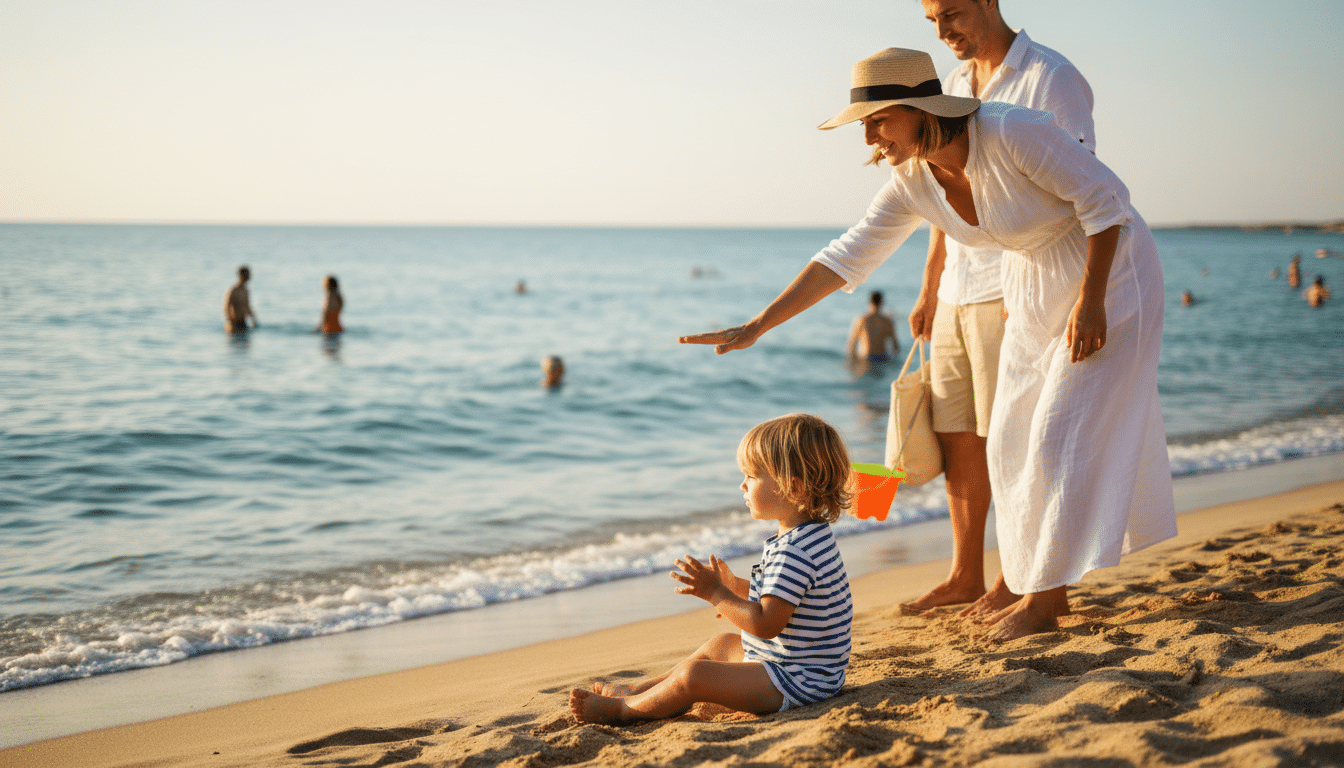 Enfant assis sur la plage qui attend avant de nager