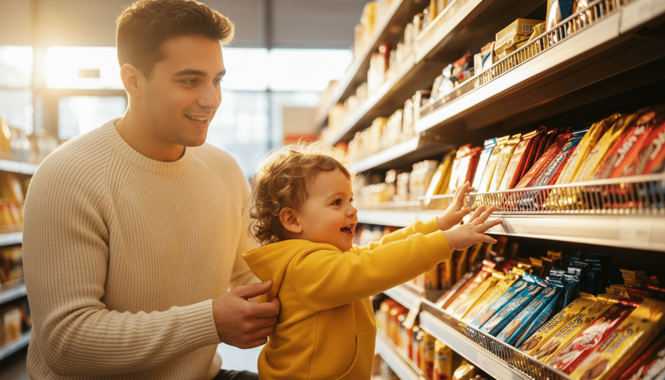 Enfant et parent devant un rayon de confiseries en supermarché