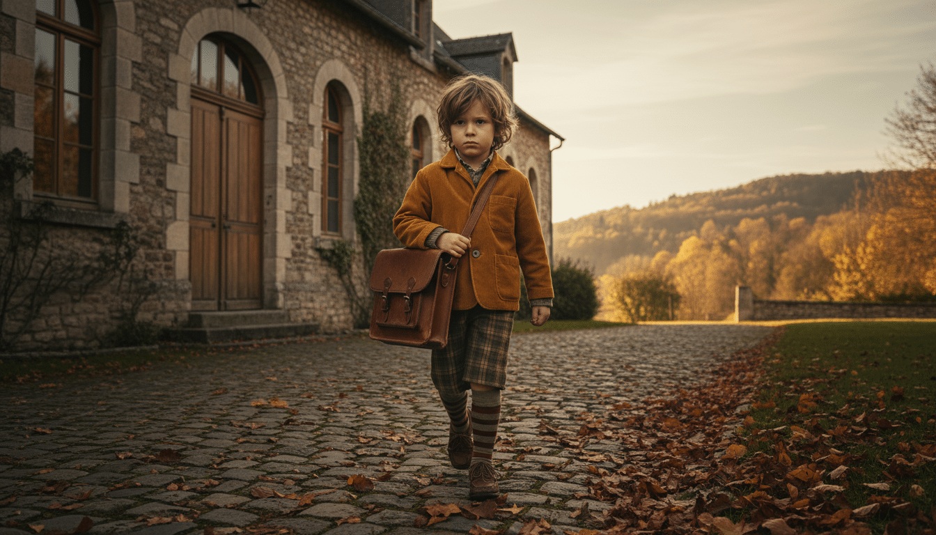 Enfant français des années 70 avec cartable en cuir