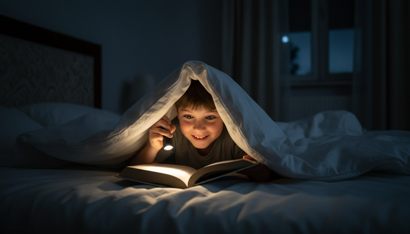 Enfant lisant sous les couvertures avec une lampe de poche