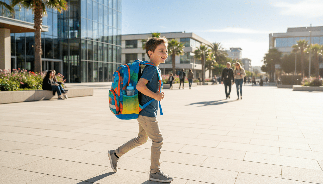 Enfant moderne souriant avec cartable ergonomique coloré