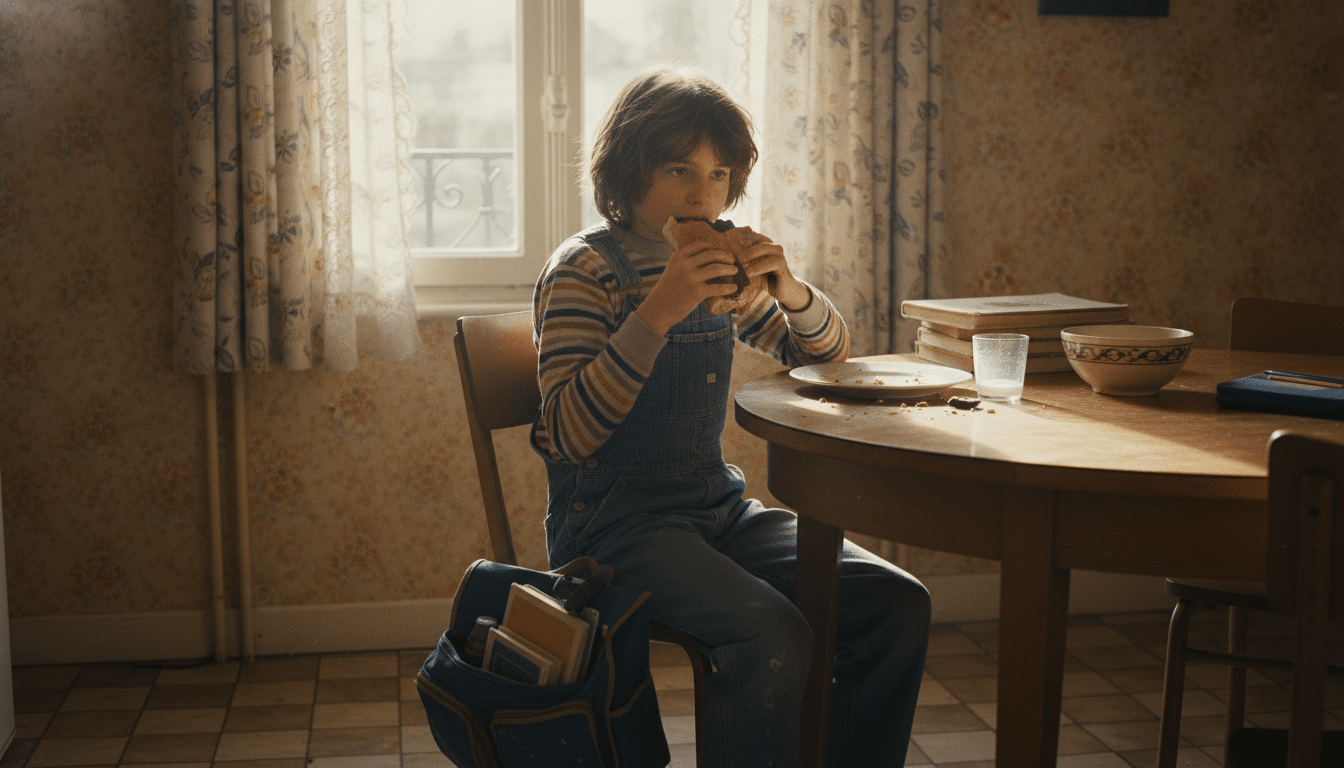 Enfant seul à la table d'une cuisine années 80