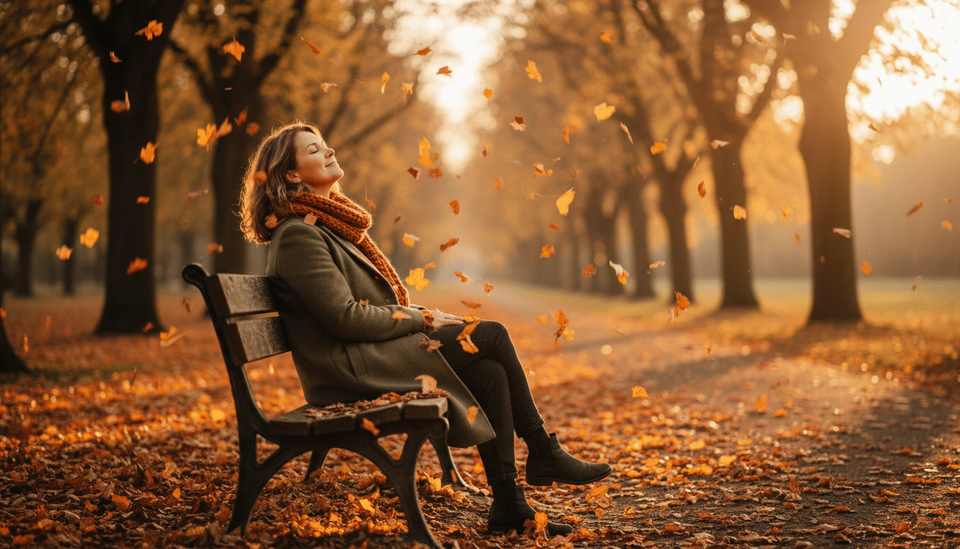 Femme assise seule paisiblement sur un banc en automne