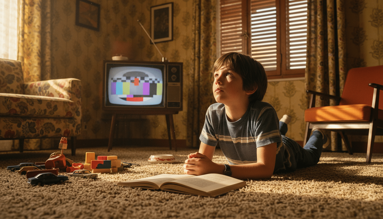 Garçon allongé au sol dans un salon des années 70