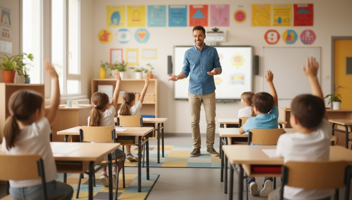 Enseignant français dans une salle de classe moderne