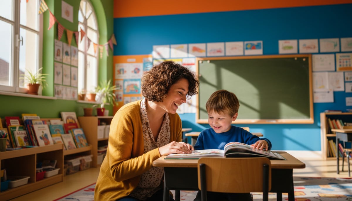 Enseignante du primaire avec un élève en classe
