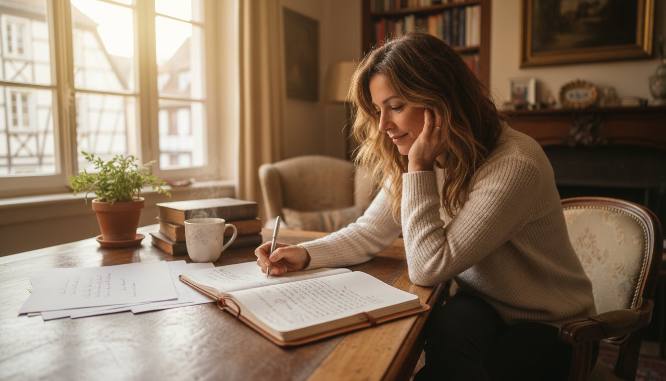 Enseignante strasbourgeoise révisant ses papiers à son bureau
