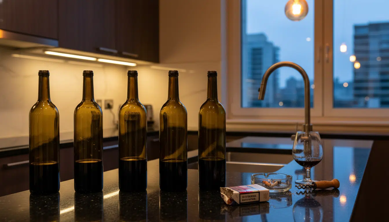 Bouteilles de vin vides et paquet de cigarettes sur un comptoir de cuisine d'appartement luxueux