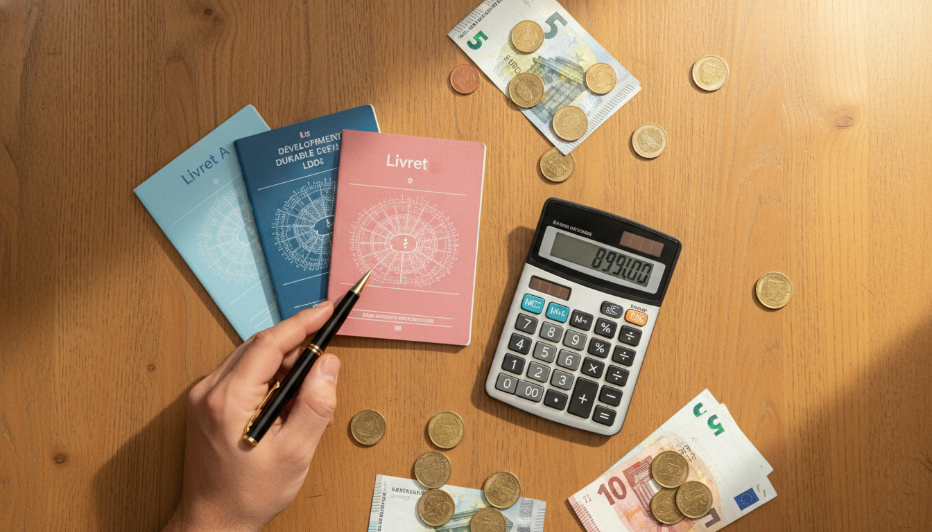 Trois livrets d'épargne et calculatrice affichant 89 900 euros