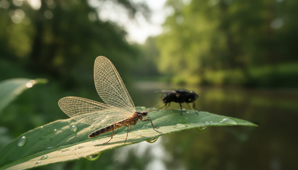 Éphémère aux ailes transparentes sur une feuille