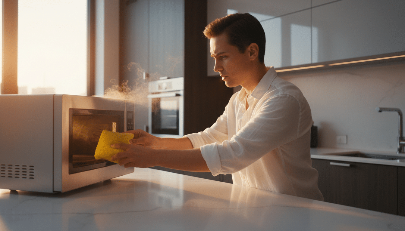 Personne plaçant une éponge dans un micro-ondes
