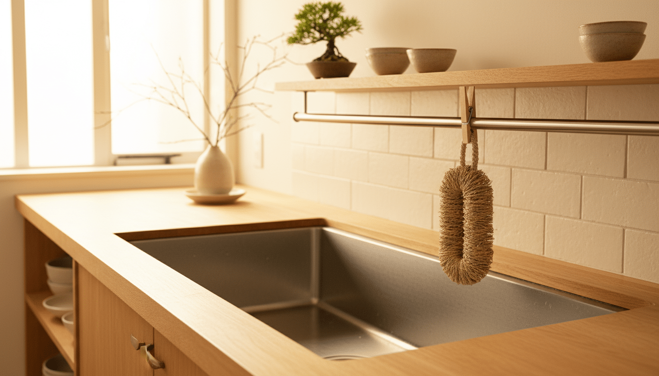 Tawashi japonais suspendu au-dessus d'un évier propre