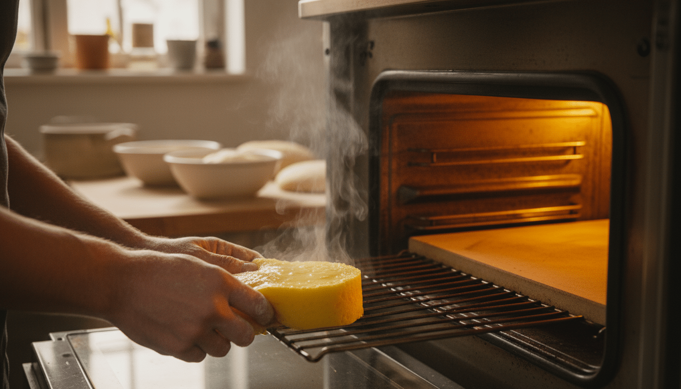 éponge mouillée posée sur grille de four