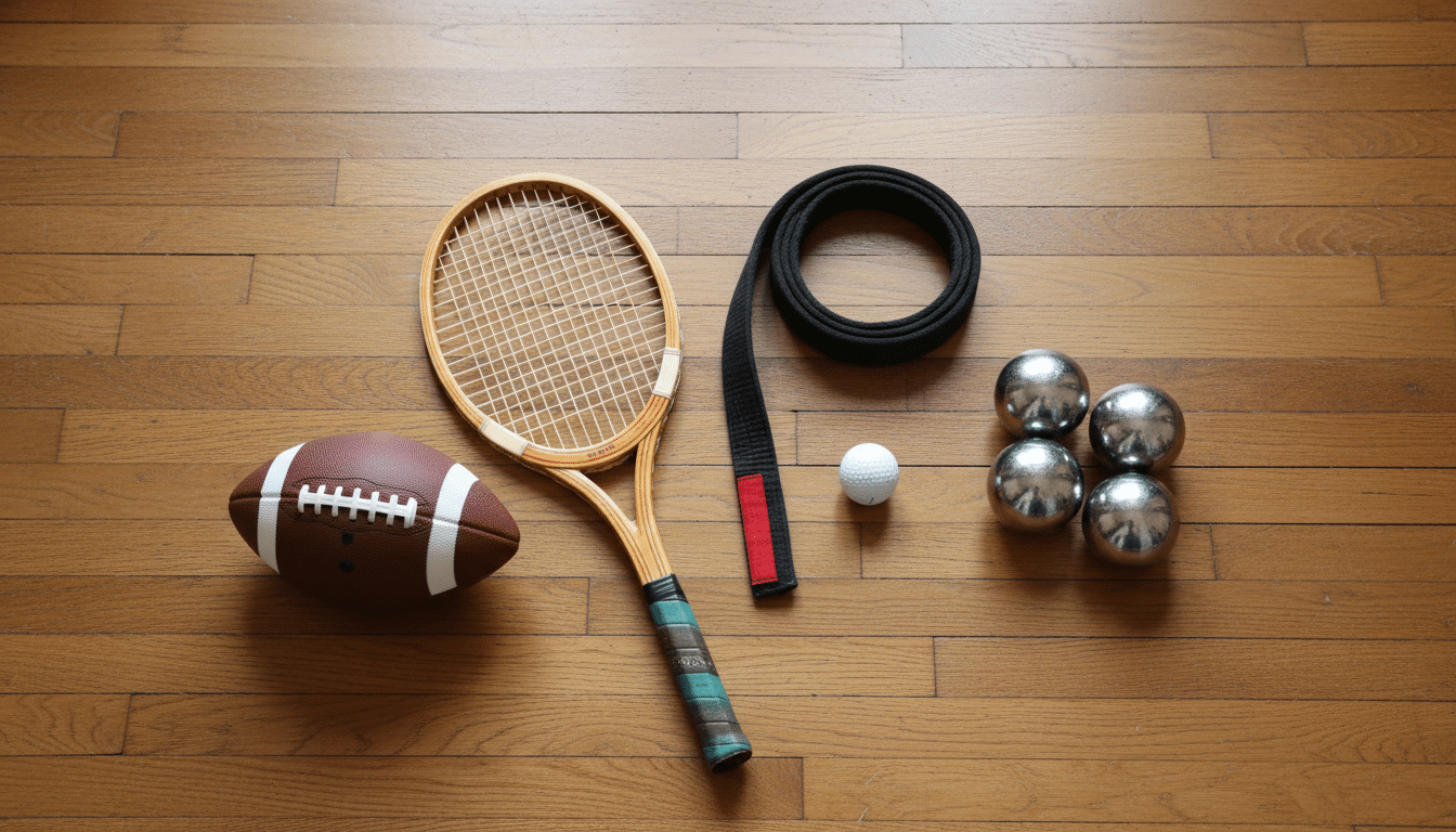 Équipements de sport variés sur parquet en bois