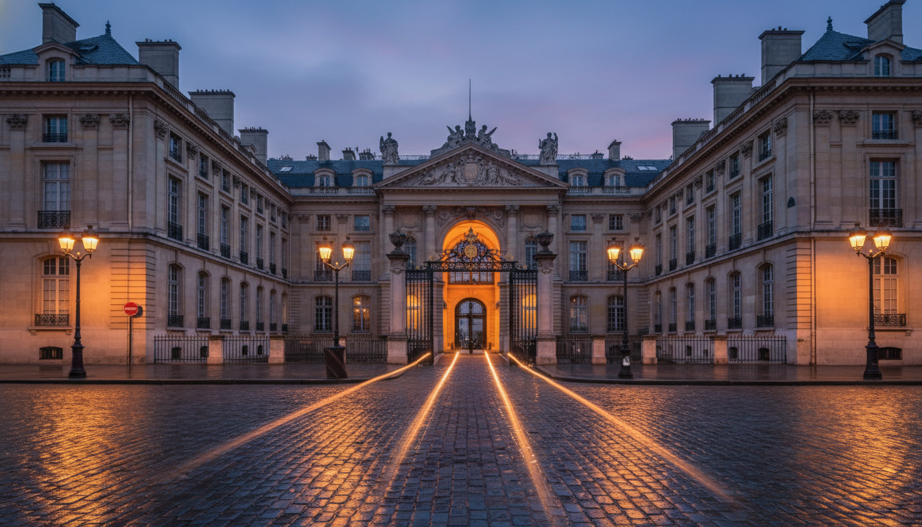 Façade du 36 quai des Orfèvres à Paris au crépuscule