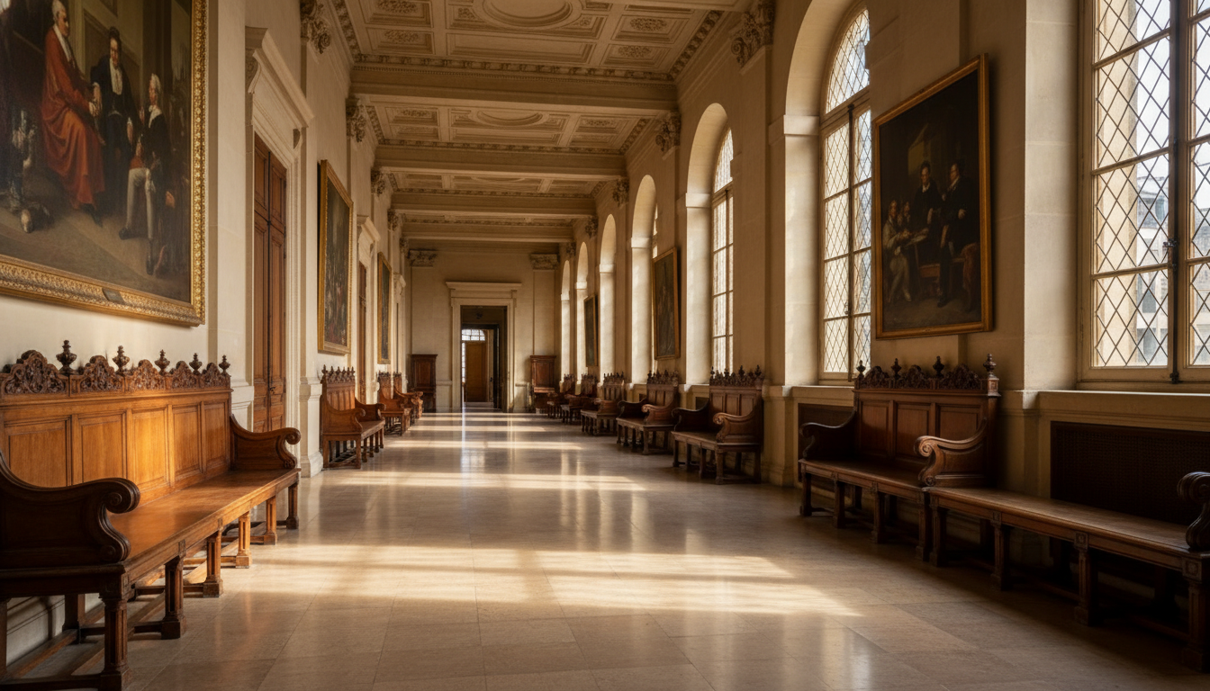Couloir de tribunal parisien aux bancs de bois vides