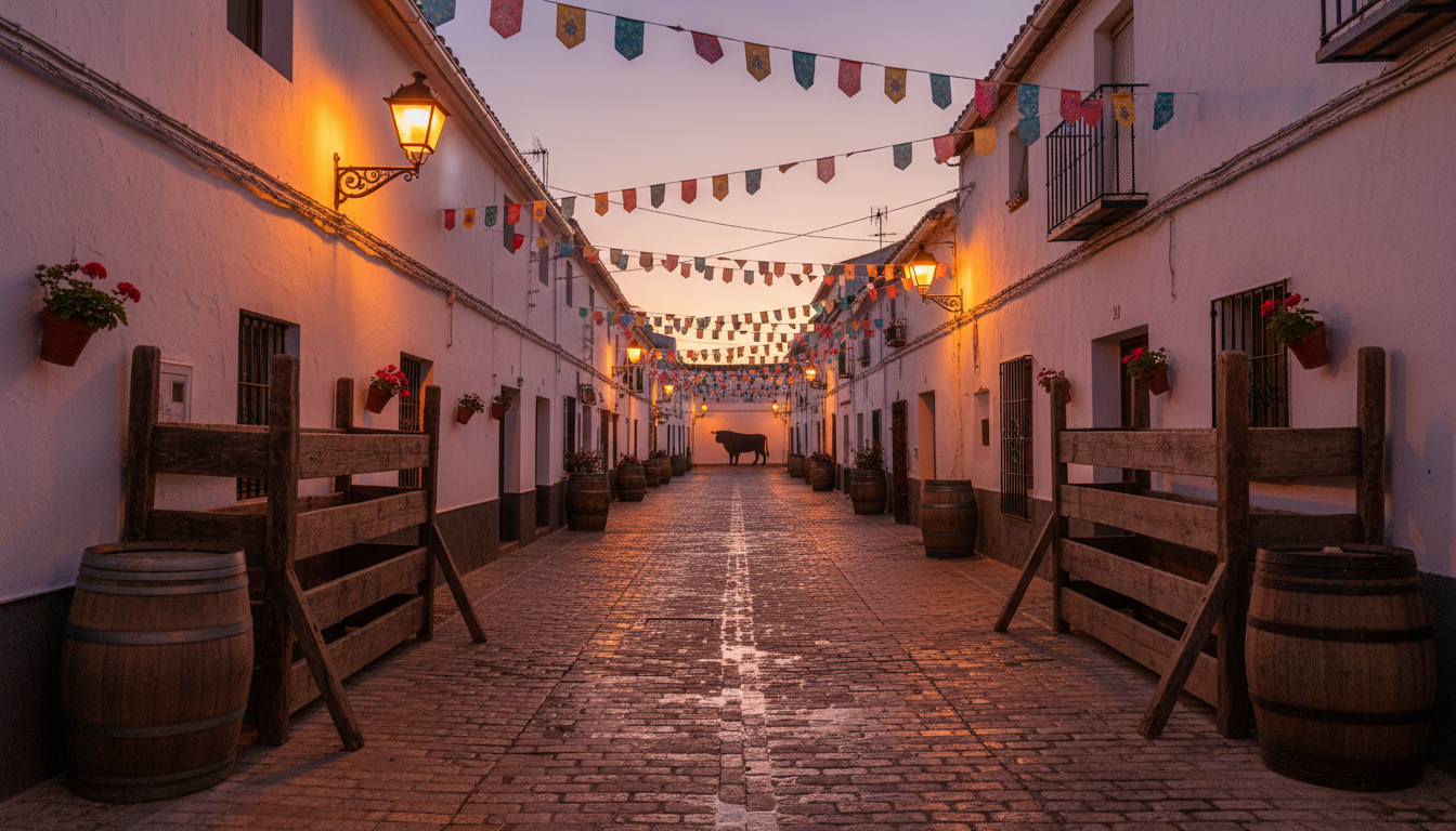 Rue étroite d'un village andalou lors d'une fête taurine