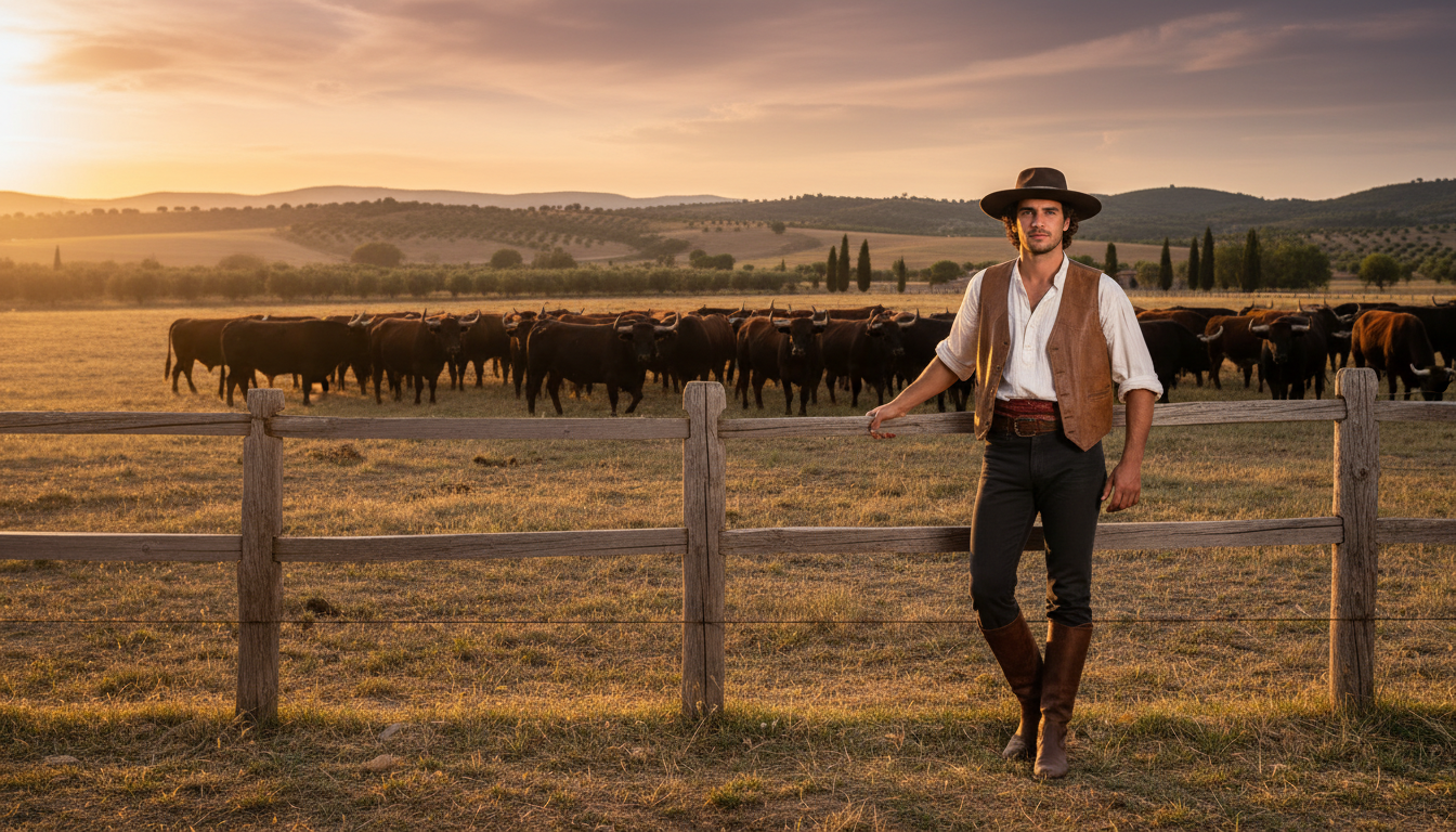 Jeune éleveur espagnol dans un pâturage au coucher du soleil