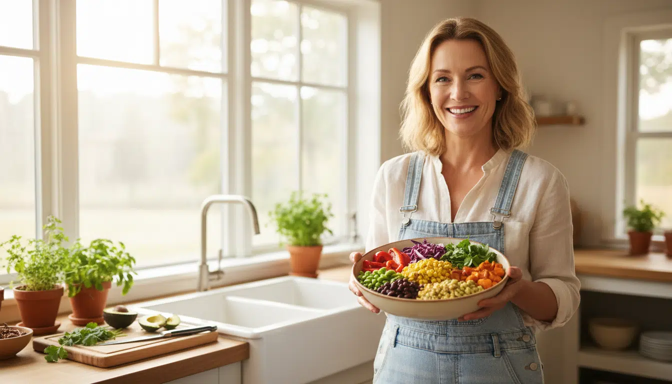 Femme souriante tenant un bol de légumes frais en cuisine