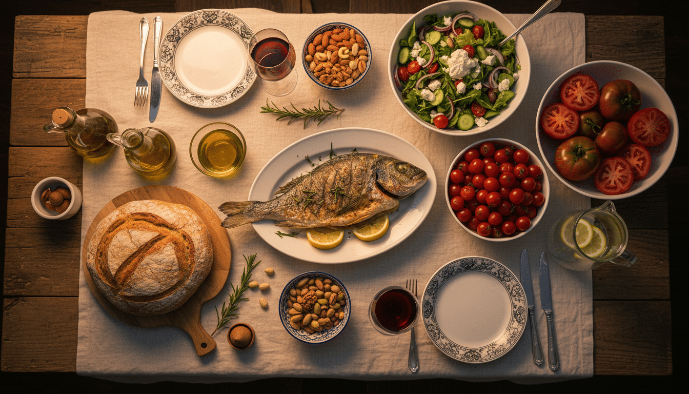 Table méditerranéenne avec huile d'olive, poisson et légumes
