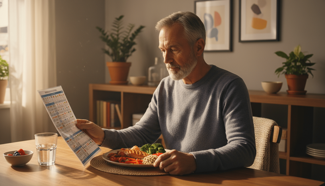 Homme senior prenant un repas équilibré riche en légumes