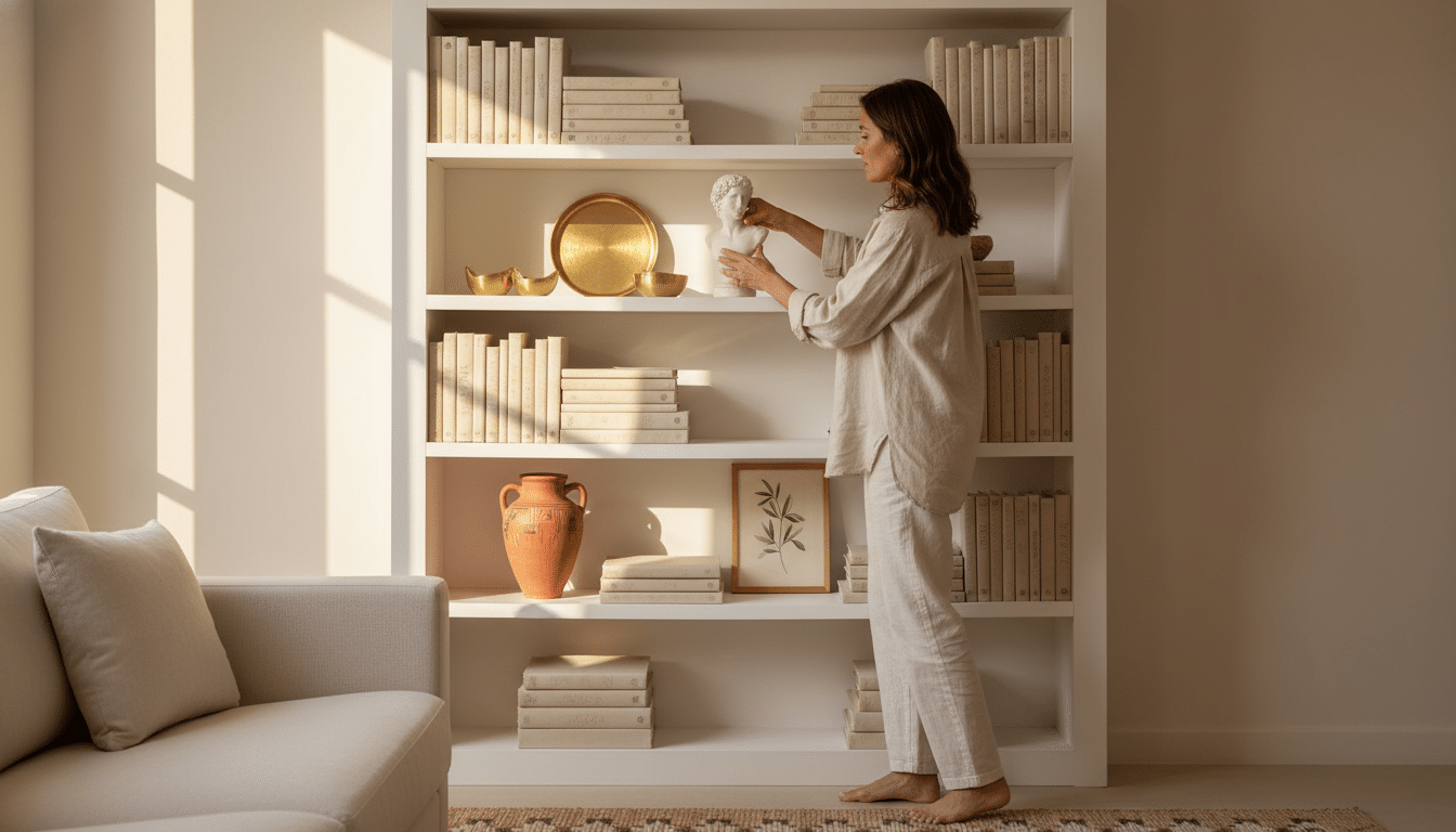 Femme décorant une bibliothèque Billy style étagère grecque